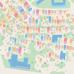 Student work by Architecture students Samantha Salazar, Ray Ho and Sophia Francesco of a scene with numerous buildings and landscape features.